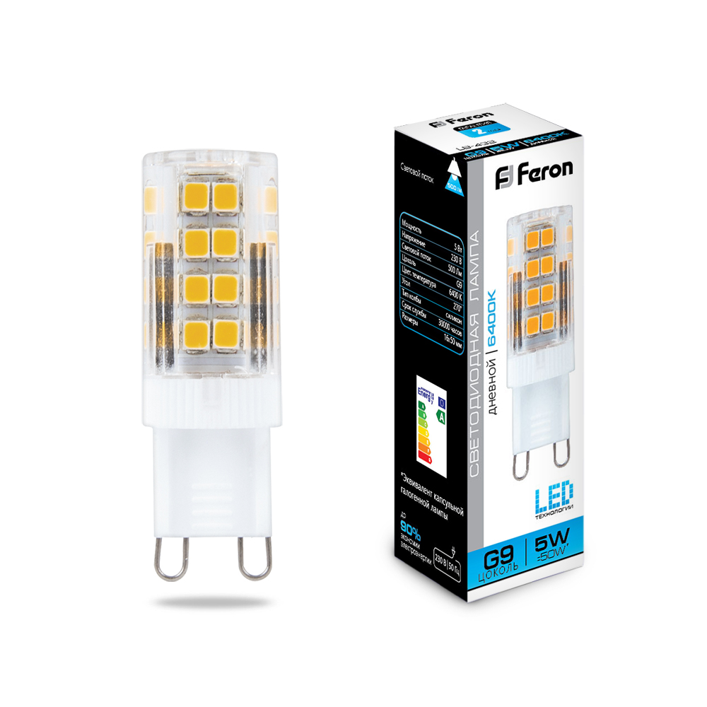Лампа светодиодная Feron LB-432 G9 5W 6400K 500Lm 230V капсула 16*50 (Изображение 1)
