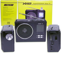 Радиоприемник ЭФИР 10 FM 64-108МГц, бат. 2*R20, АКБ 900mA/h,USB/SD/microSD,фонарь/дискосвет
