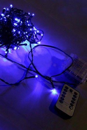 Электрогирлянда нить Цветные огоньки, 120 синих LED-огней, 12 м, провод черный, контроллер, ПДУ, бат (Изображение 1)