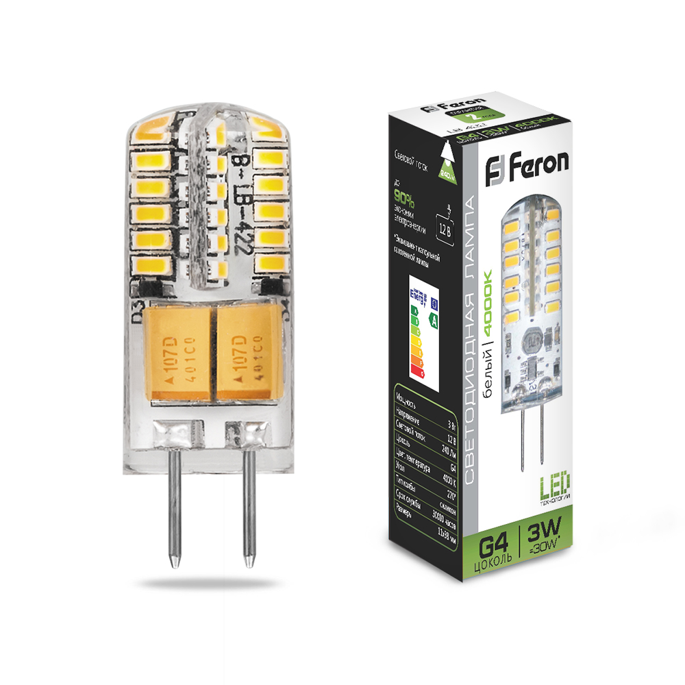 Лампа светодиодная Feron LB-422 G4 3W 4000K 240Lm 12V капсула силикон 11х38 (Изображение 1)