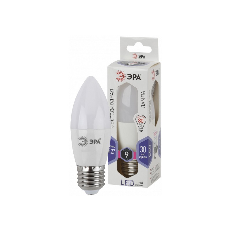 Лампа светодиодная ЭРА LED smd B35-9w-860-E27 свеча мат. х/бел (Изображение 1)