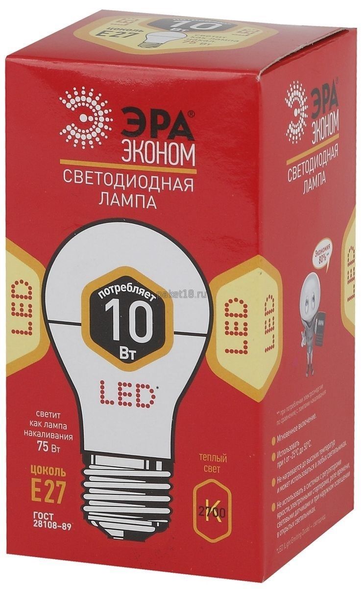 Лампа светодиодная ЭРА LED smd A60-10w-827-E27 ECO т/бел, 700 lm (Изображение 1)