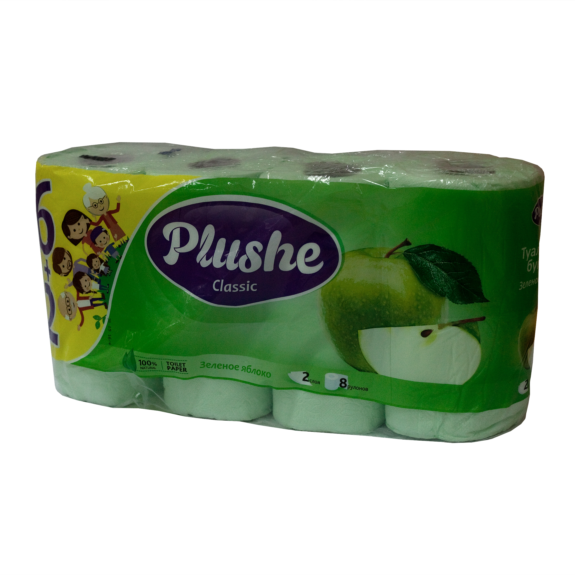 Бумага туалетная со втулкой Плюше Классик двухслойная (уп из 8 шт) зеленое яблоко (Изображение 1)