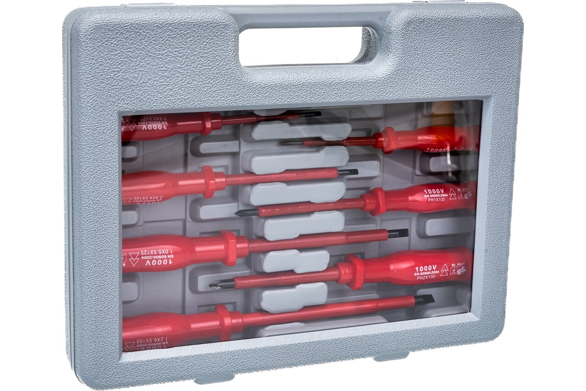 Отвертки изолированные 1000 В, CrV сталь, пластик. ручки, пластиковый кейс, набор 8 шт.+ 1 индикатор (Изображение 1)