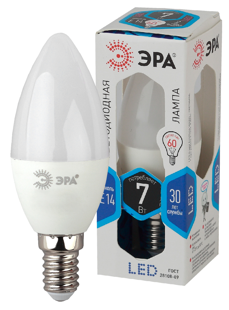 Лампа светодиодная ЭРА LED smd B35-7w-840-E14 свеча мат. х/бел, 560 lm (Изображение 1)