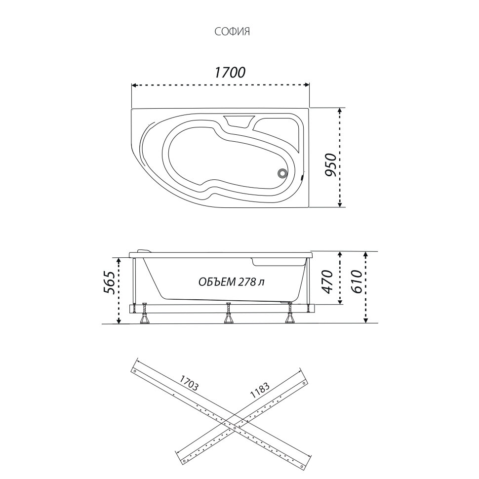 картинка Ванна акриловая София 170 правая+Каркас от магазина Евродом