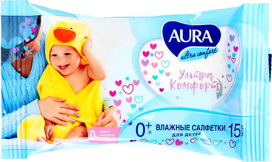 картинка Салфетки влажные Aura, Ultra Comfort, детские, 15 шт от магазина Евродом