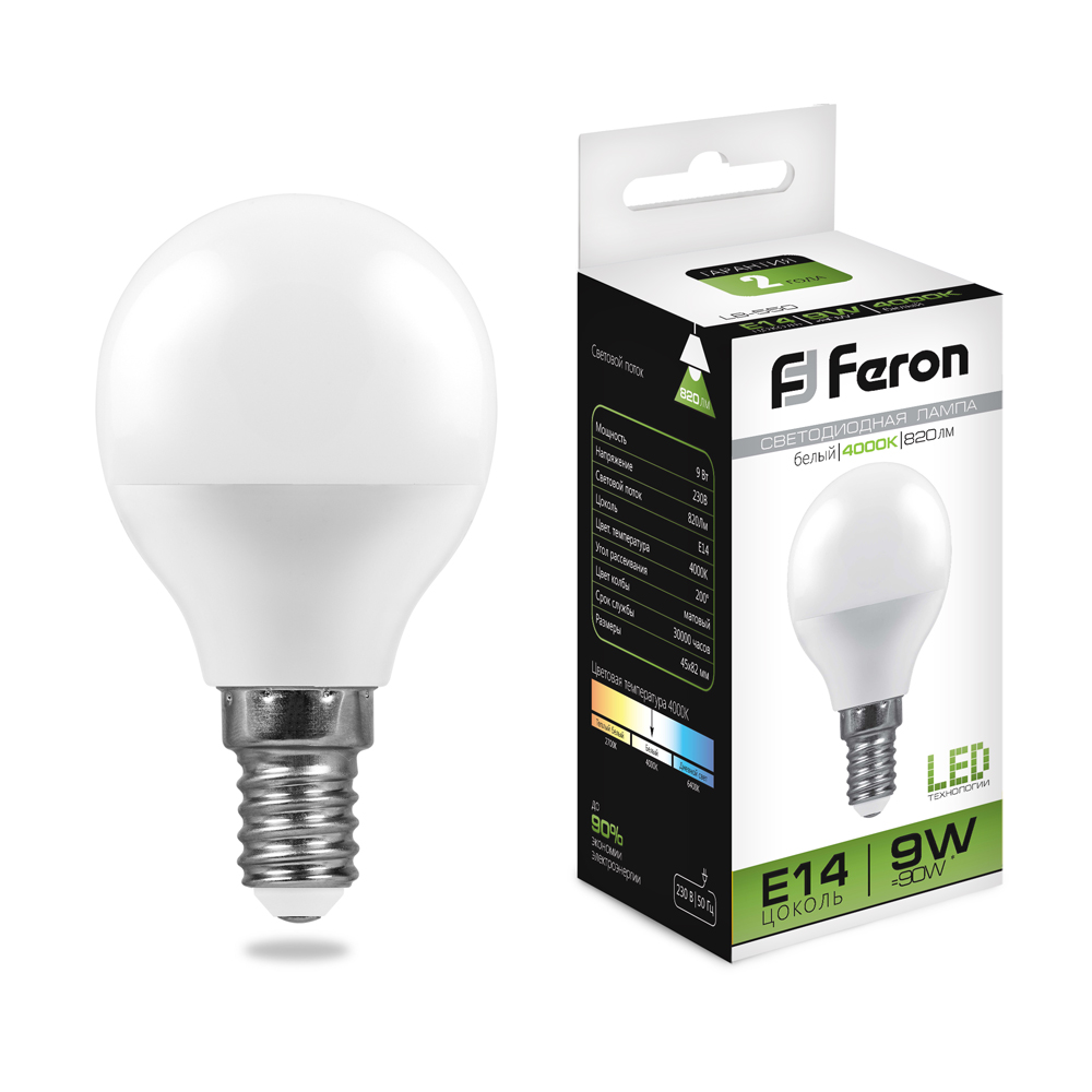 картинка Лампа светодиодная Feron LB-550 Е14 9W 4000К шар от магазина Евродом