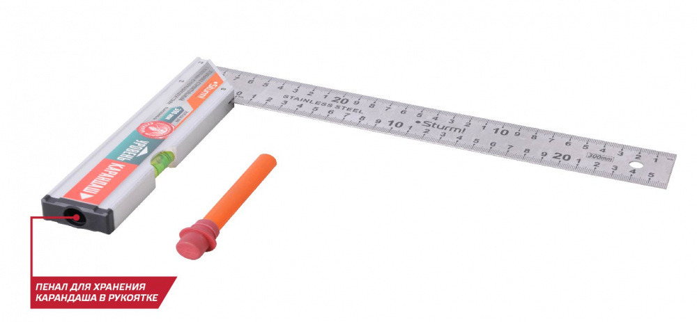 картинка Угольник с уровнем и карандашом Кулибин 250мм, нерж. сталь, Sturm от магазина Евродом