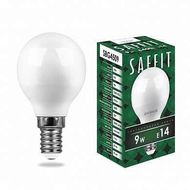 картинка Лампа светодиодная Saffit SBG4509 9W 6400K 230V E14 G45 шарик от магазина Евродом