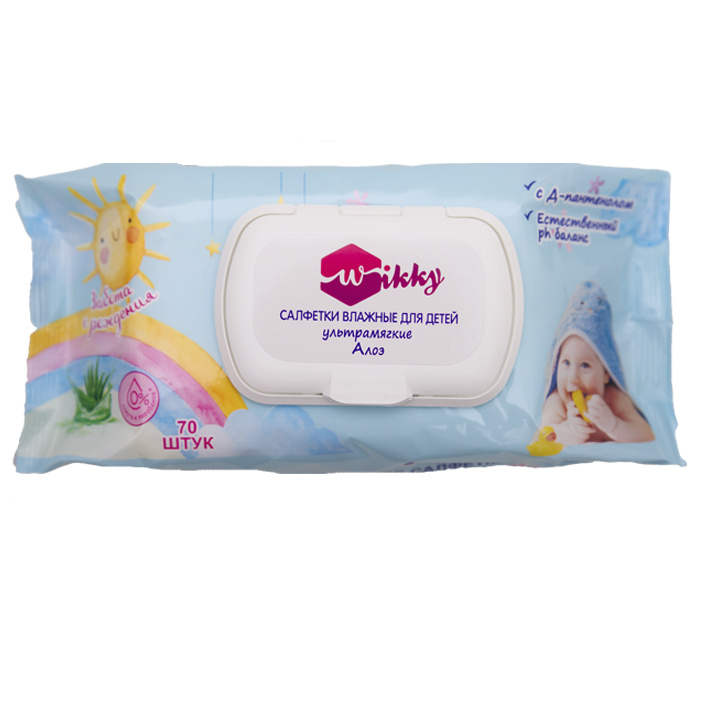 картинка Салфетки влажные детские Викки 70 шт алоэ с крышкой от магазина Евродом