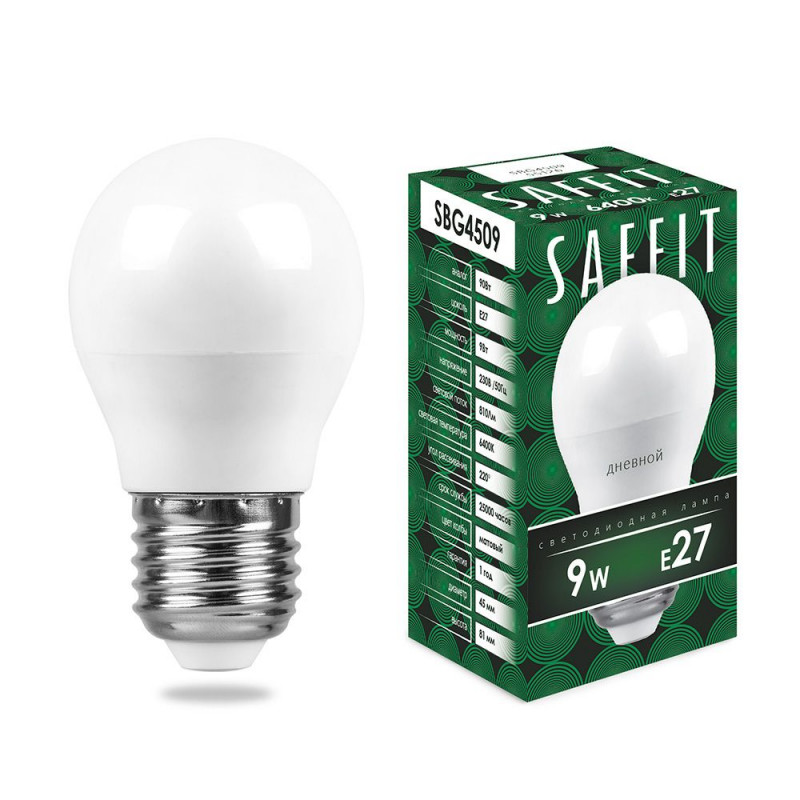 картинка Лампа светодиодная Saffit SBG4509 9W 6400K 230V E27 G45 шарик от магазина Евродом