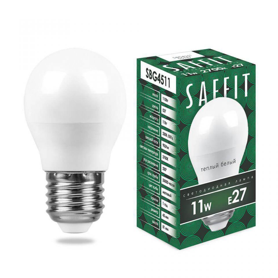картинка Лампа светодиодная Saffit SBG4511 11W 6400K 230V E27 G45 шар от магазина Евродом